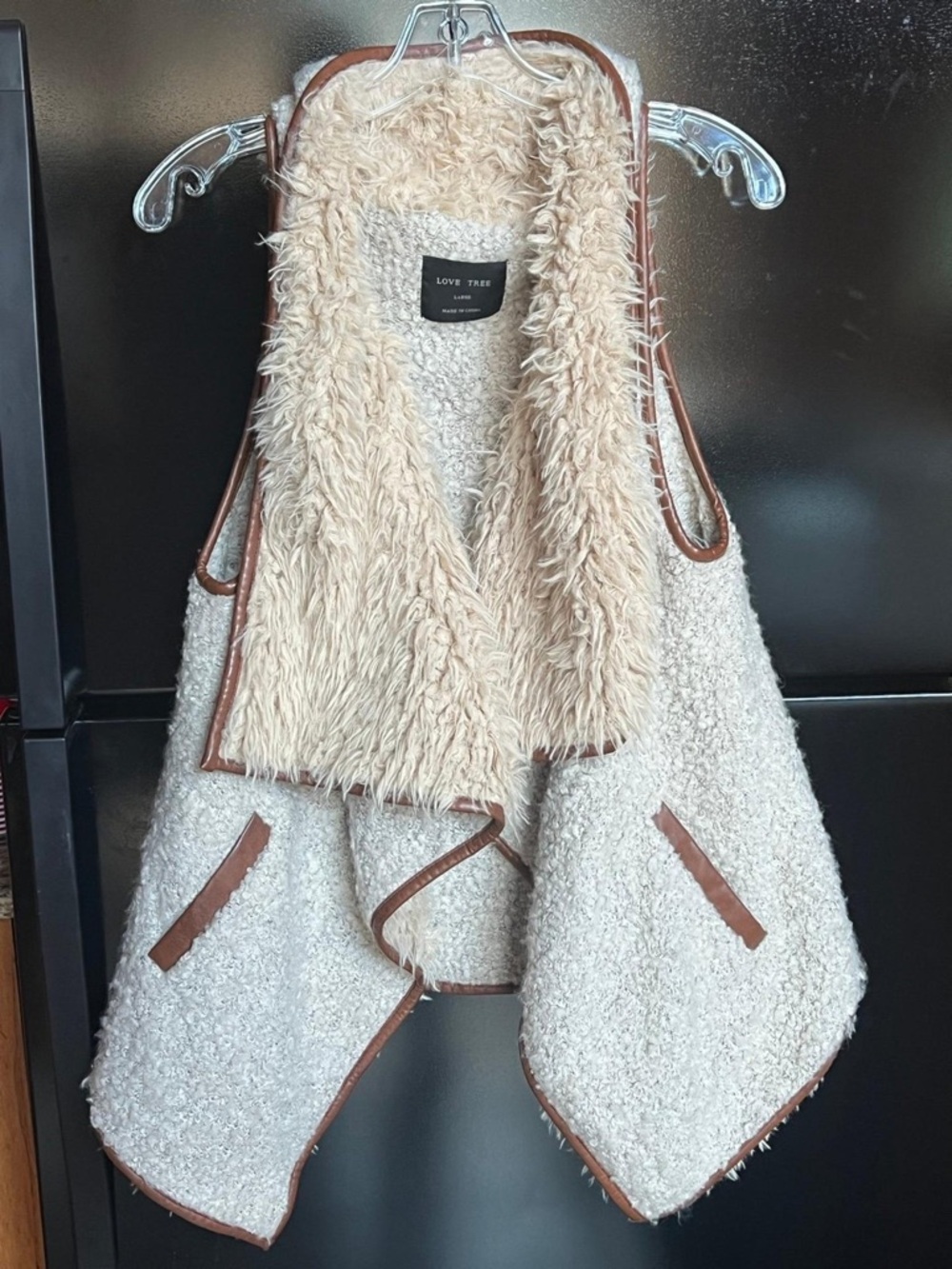 Love Tree Cream Bouclé Faux-Sherpa Vest with Tan Trim